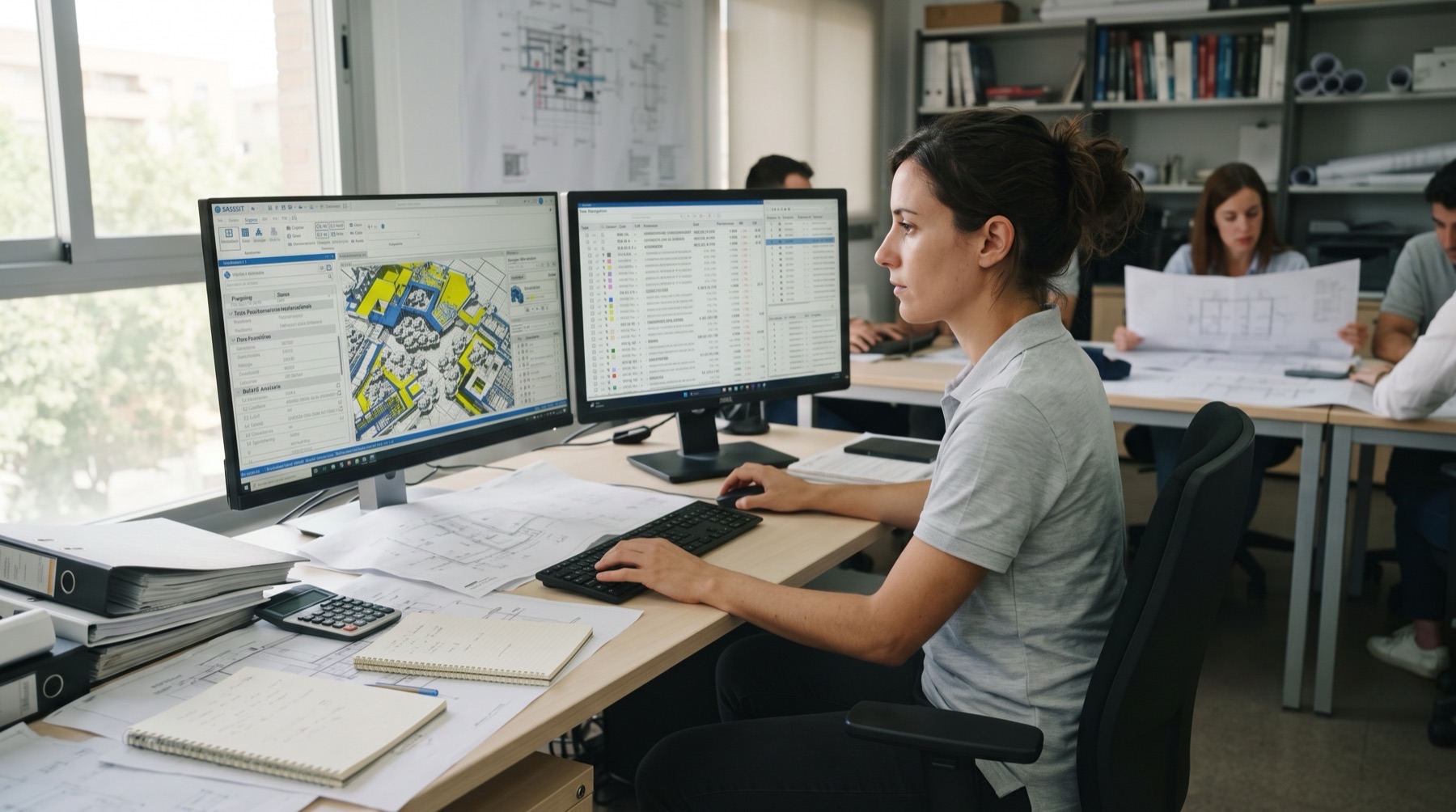 Técnica trabajando con DASSIT en dos monitores, con un modelo BIM y sus mediciones